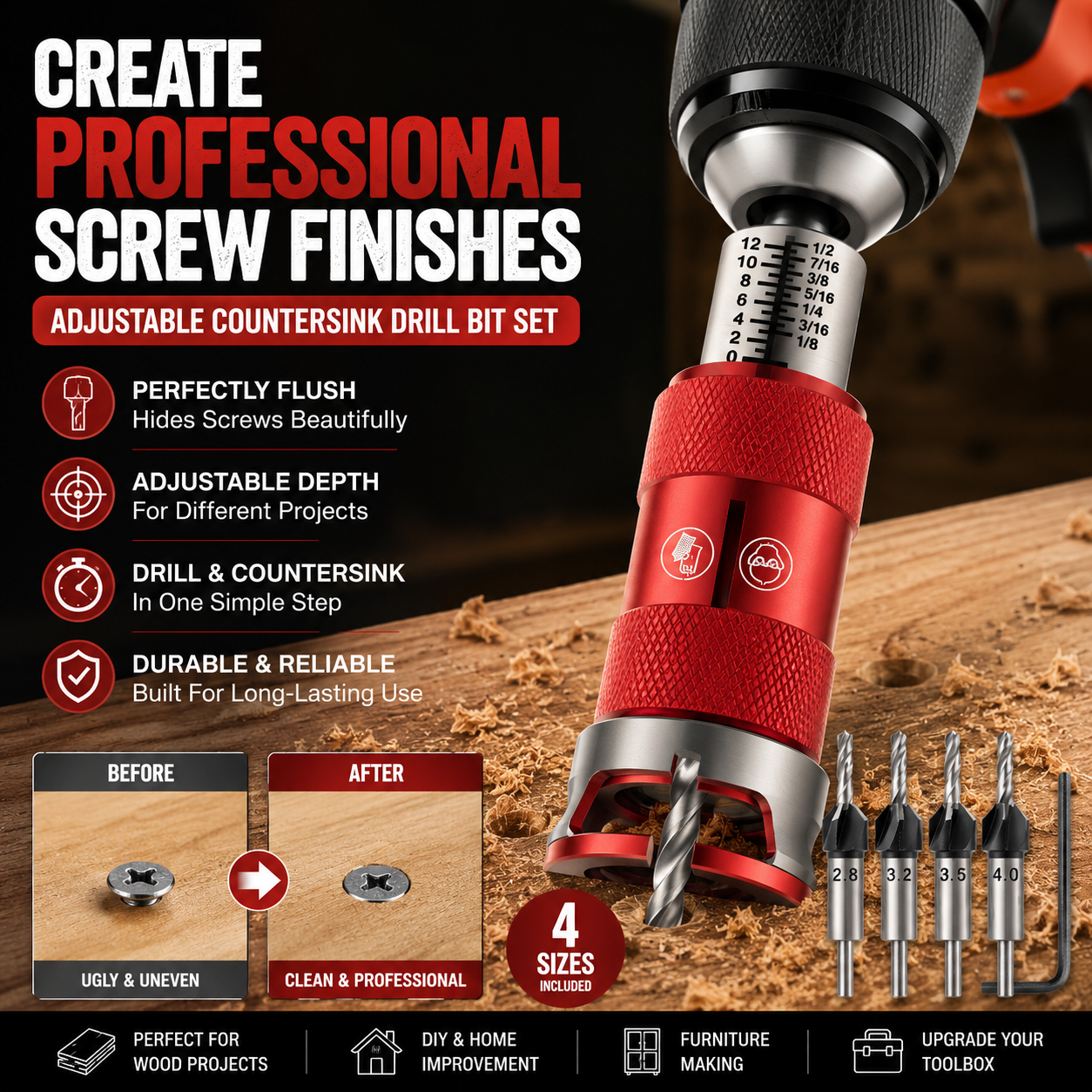 🔩 Adjustable Countersink Drill Bit Set | Professional Woodworking Screw Finishing Tool