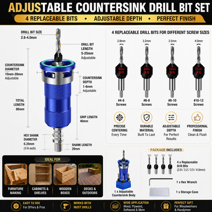 🔩 Adjustable Countersink Drill Bit Set | Professional Woodworking Screw Finishing Tool