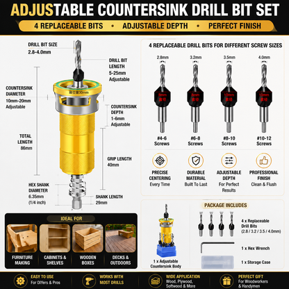 🔩 Adjustable Countersink Drill Bit Set | Professional Woodworking Screw Finishing Tool