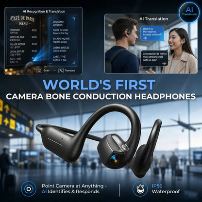 🔥8MP AI Camera Bone Conduction Headphones – Premium High-Fidelity Audio, EIS Video Stabilization, 160+ Language Translation, IP54 Waterproof Headset for Outdoor Vlogging & Sports.